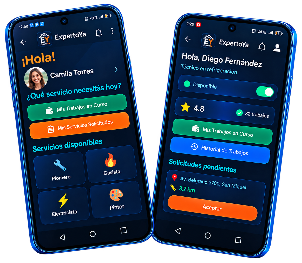 Dos teléfonos con las interfaces de cliente y profesional de ExpertoYa, recortados sobre fondo transparente